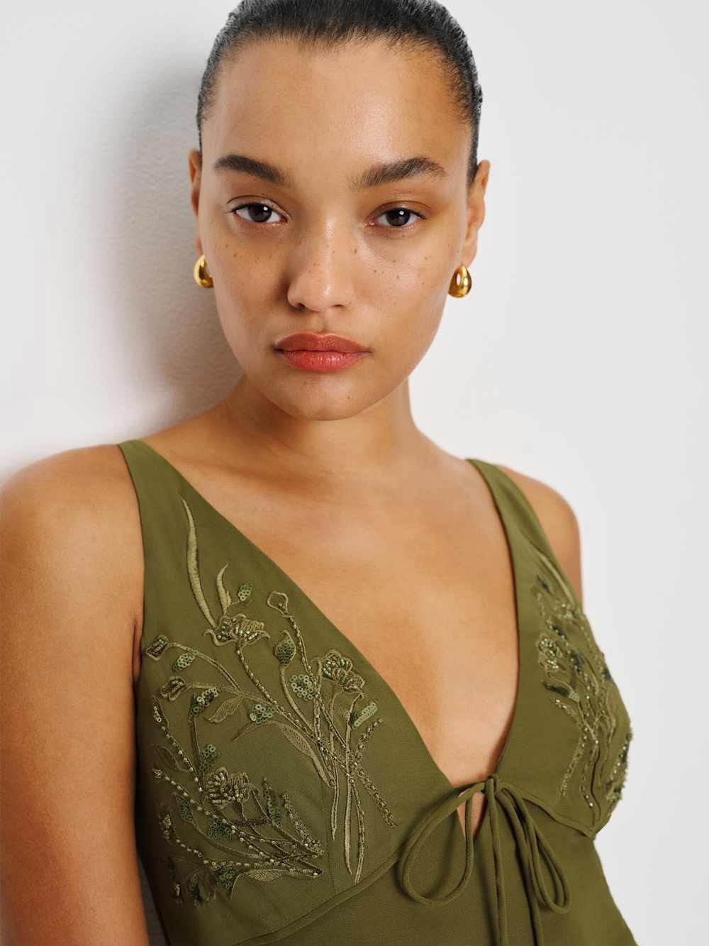 NWT Reformation Ziva Limited Edition Sequin Embellished Olive Green Midi Dress - Picture 4 of 10